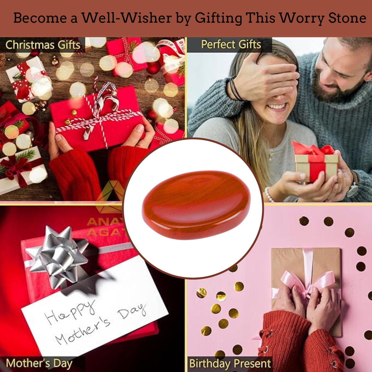 Anaya Agate Red Jasper Worry Stones Certified Crystal Thumb Worry Stone for Anguish, Relaxing and Soothing Balance Stones for Meditation, Stress Relief Crystals and Healing Stones for Men, Women