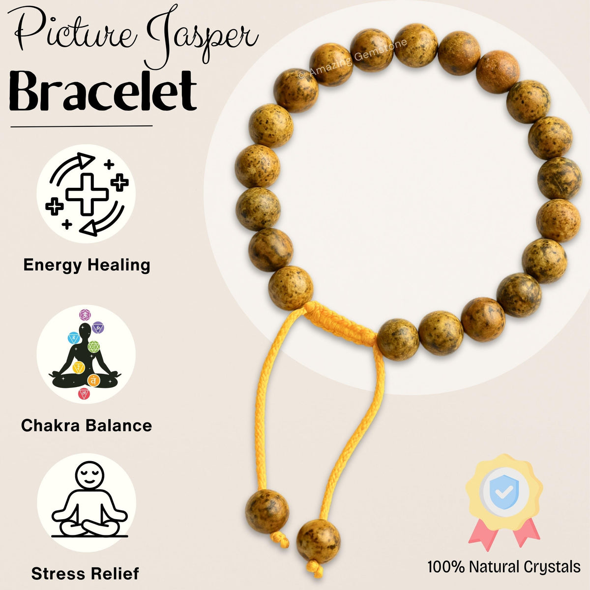 Amazing Gemstone Picture Jasper Bracelet for Women Men's Gifts - Protection Healing Crystal Bracelet - 8mm Beaded Adjustable Bracelet Pulseras Para Hombres Mujer Stocking Stuffers
