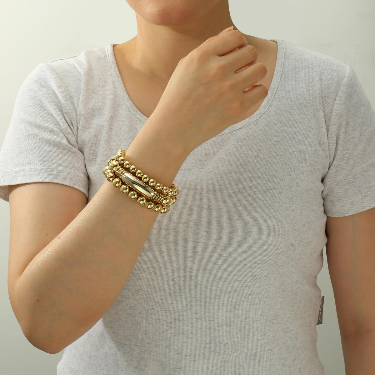 Gold Bangles Bracelet for Women Chunky Curved Stacking Plated Bead Ball Stretchable Bracelets