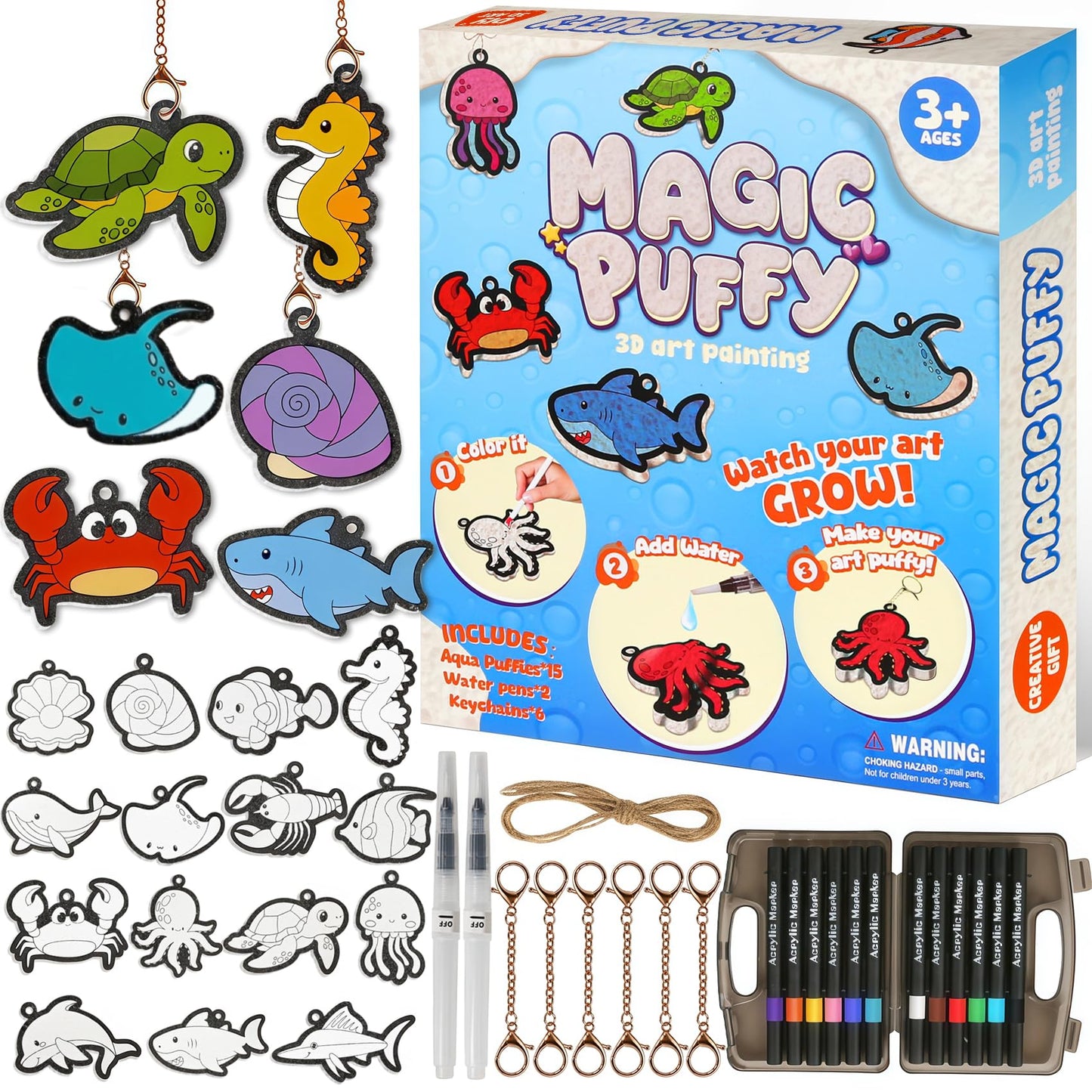 CZTCDP 3D Art Kit, Ocean Animals Magic Foam Texture Painting Set, 15 Pcs Mess Free Craft Kit for Kids – Screen Free Play, Creative Birthday Christmas Gift for Boys and Girls Ages 3-10