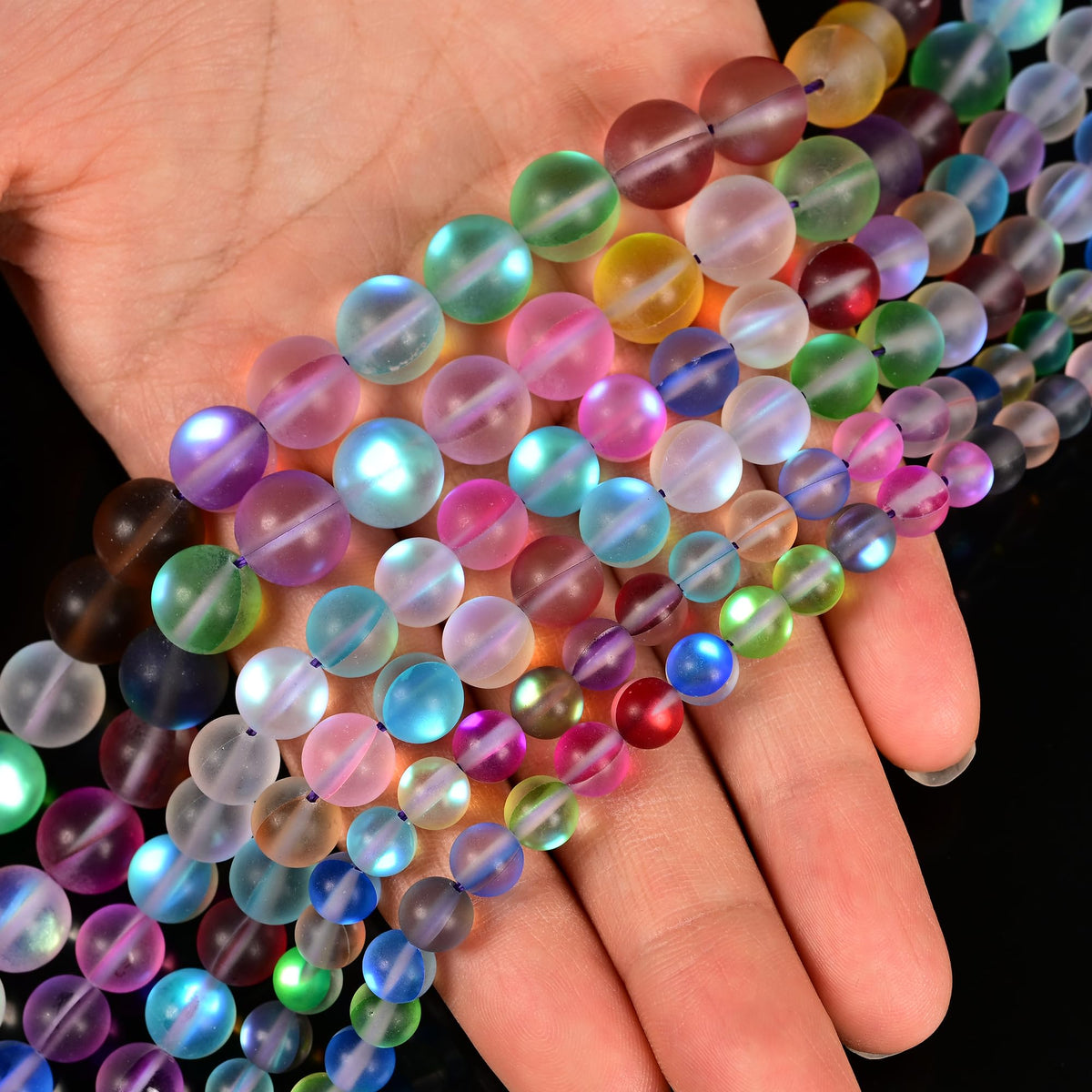 10mm Matte Mixed Color Mermaid Aurora Crystal Glass Bead, Glitter Round Synthetic Moonstone Beads for Jewelry Making Bracelets
