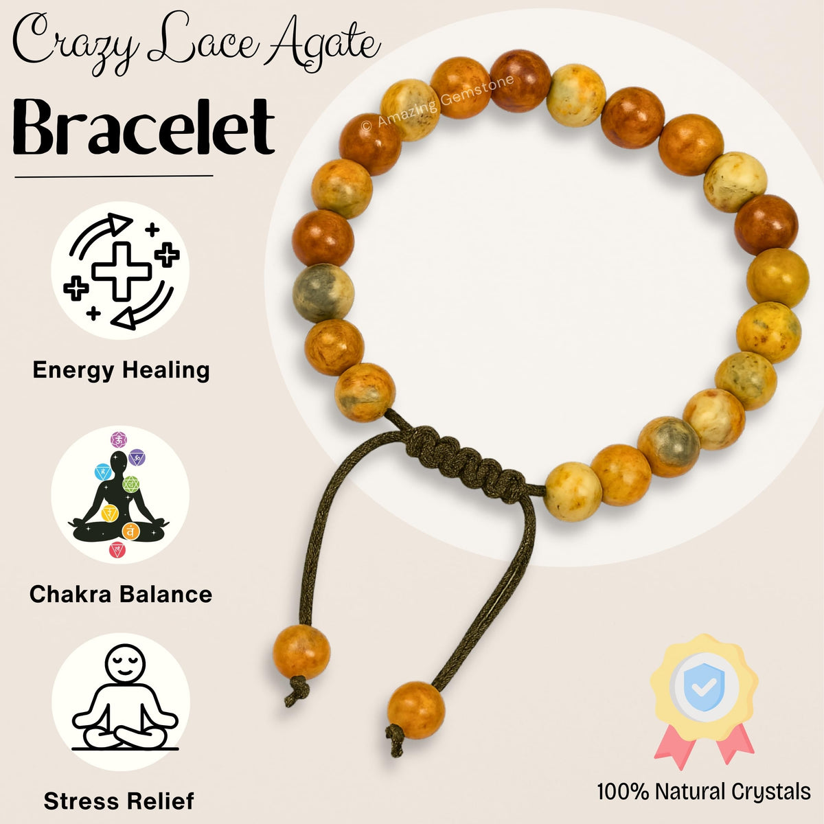 Amazing Gemstone Crazy Lace Agate Bracelet, Gifts For Men & Women - Protection Healing Crystal Bracelet - 8mm Gemstone Beaded Adjustable Bracelet, Pulseras Para Hombres Mujer Stocking Stuffers