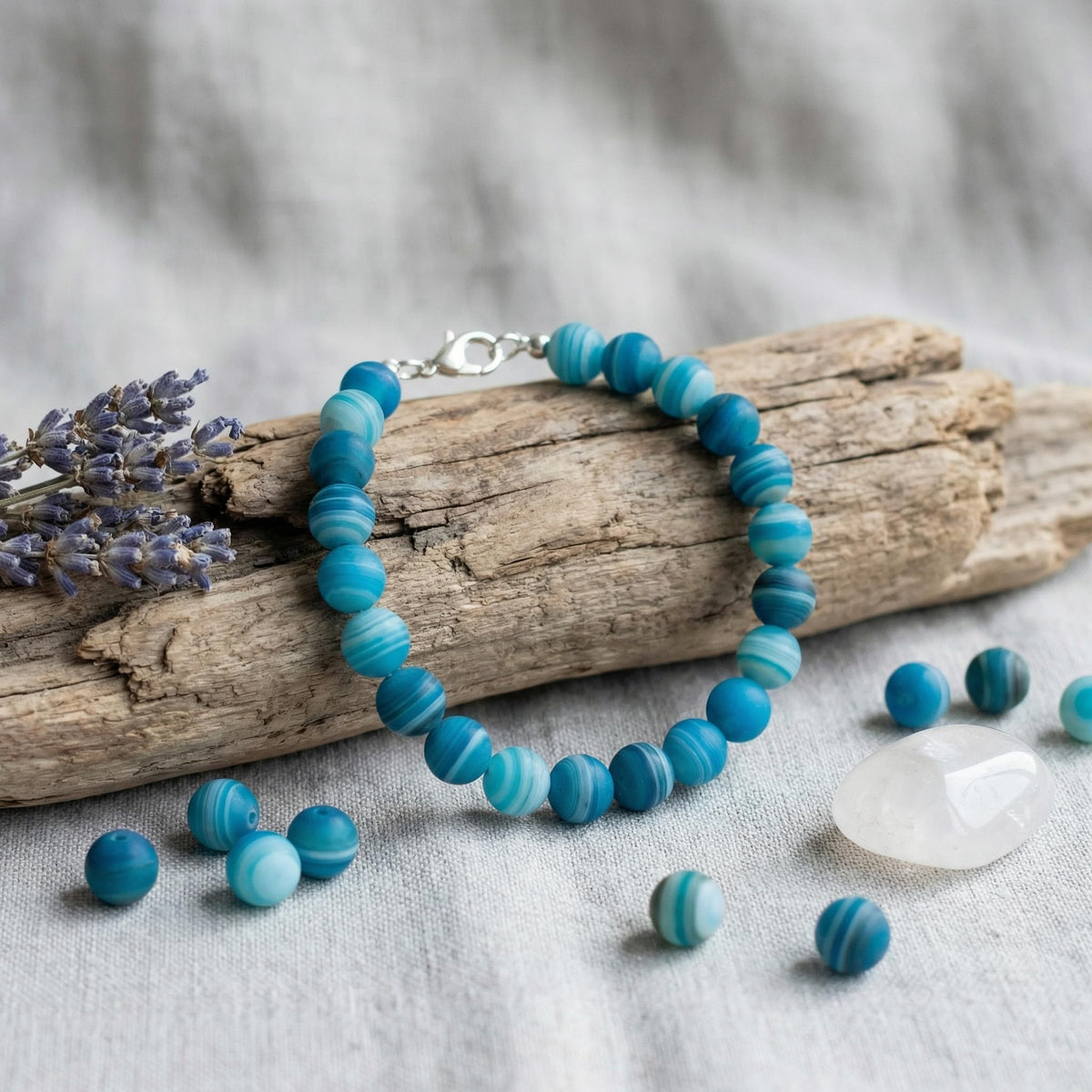 Yochus 45pcs Peacock Blue Dull Polish Matte Striated Agates Beads，8mm Healing Power Natural Stone Round Loose Beads for Jewelry Making Earring Necklace DIY Crafts