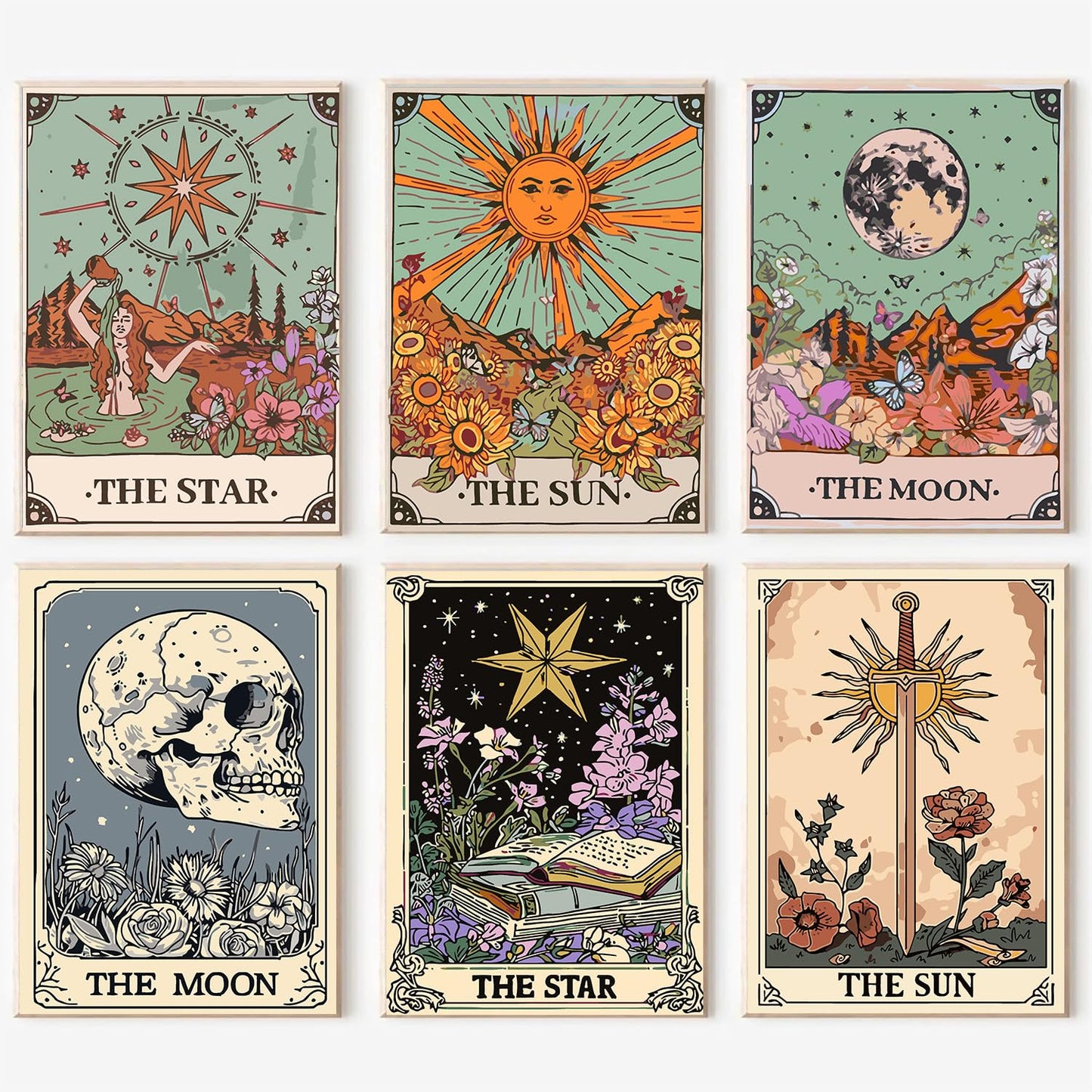 igoodom 6 Pack Paint by Numbers for Adults, 25x35cm DIY Acrylic Canvas Painting Kit, Sun and Moon Star Paint by Number Set for Beginners & Home Wall Decor