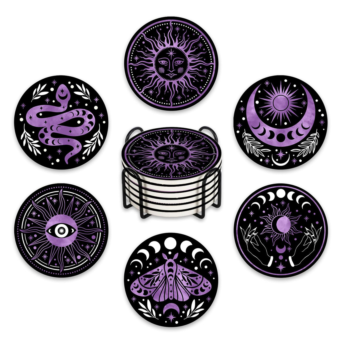 Paayna Moon Phase Sun Ceramic Coasters with Holder Set of 6, Mystical Astrology Snack Moth Absorbent Drink Cup Mat for Coffee Table Protection, 4'' Retro Dark Home Kitchen Decor Housewarming Gifts