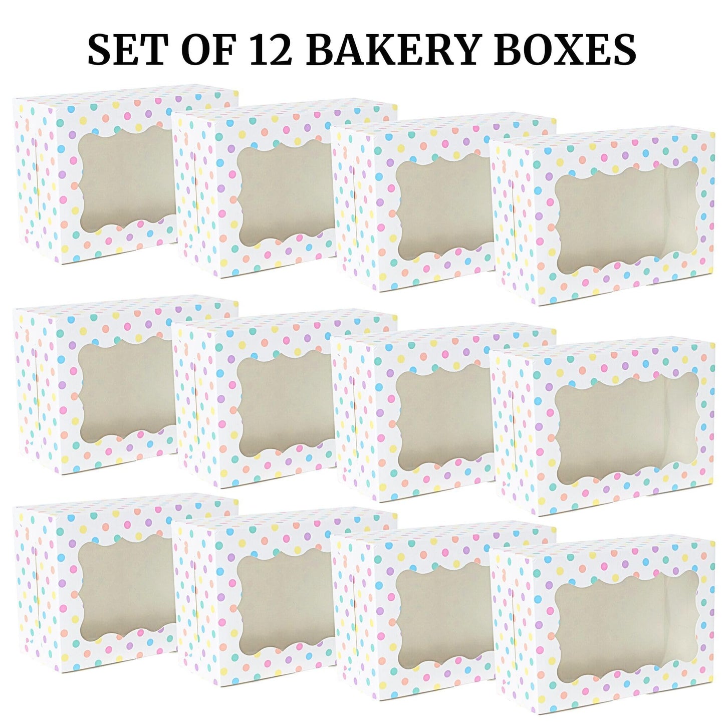 Perfect Occasion Polka Dot Cookie Boxes - 12 Pack - Pastel Polka Dot Cookie Boxes with Window - for Easter, Birthdays, Cupcakes, Pastries - Large Size Easily Fits a Dozen Cookies - 12 pcs