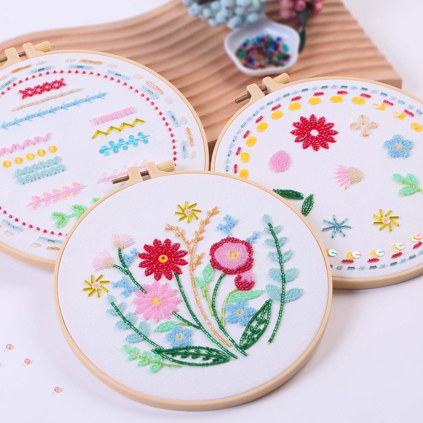 Harimau Bead Embroidery Starter Kit for Beginners (3 Sets) – Basic Flower Stitches, Includes Embroidery Hoop, Diagrams & Step-by-Step Video Tutorials – Gift for Craft Lovers