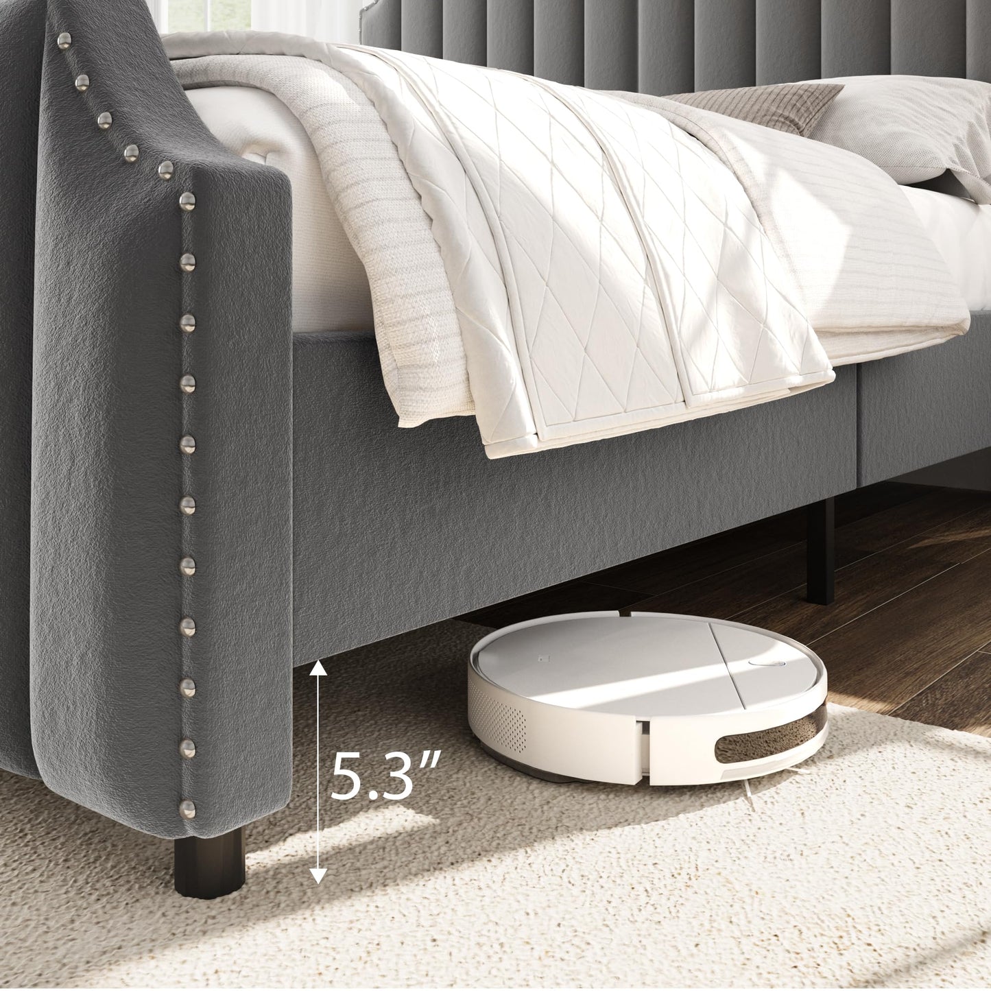 GarveeHome King Size Platform Bed Frame with 50.2 in Headboard, Velvet Upholstered Bed Frame with Vertical Channel Tufted Headboard & Footboard, Nailhead Trim, No Box Spring Needed, Grey