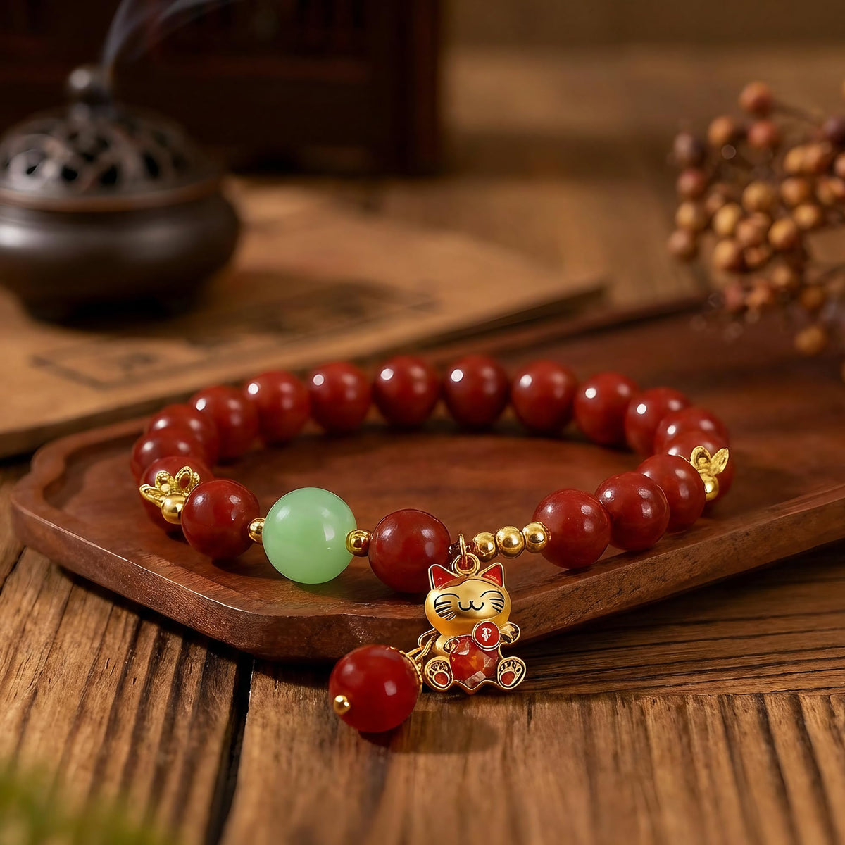 Buddha Stones Mothers Day Gifts 8mm Red Cinnabar Bracelet for Women, Feng Shui Lucky Cat Charm Bracelet with Jade, Healing Bracelets Attract Wealth and Good Luck, Stretch Bead Jewelry