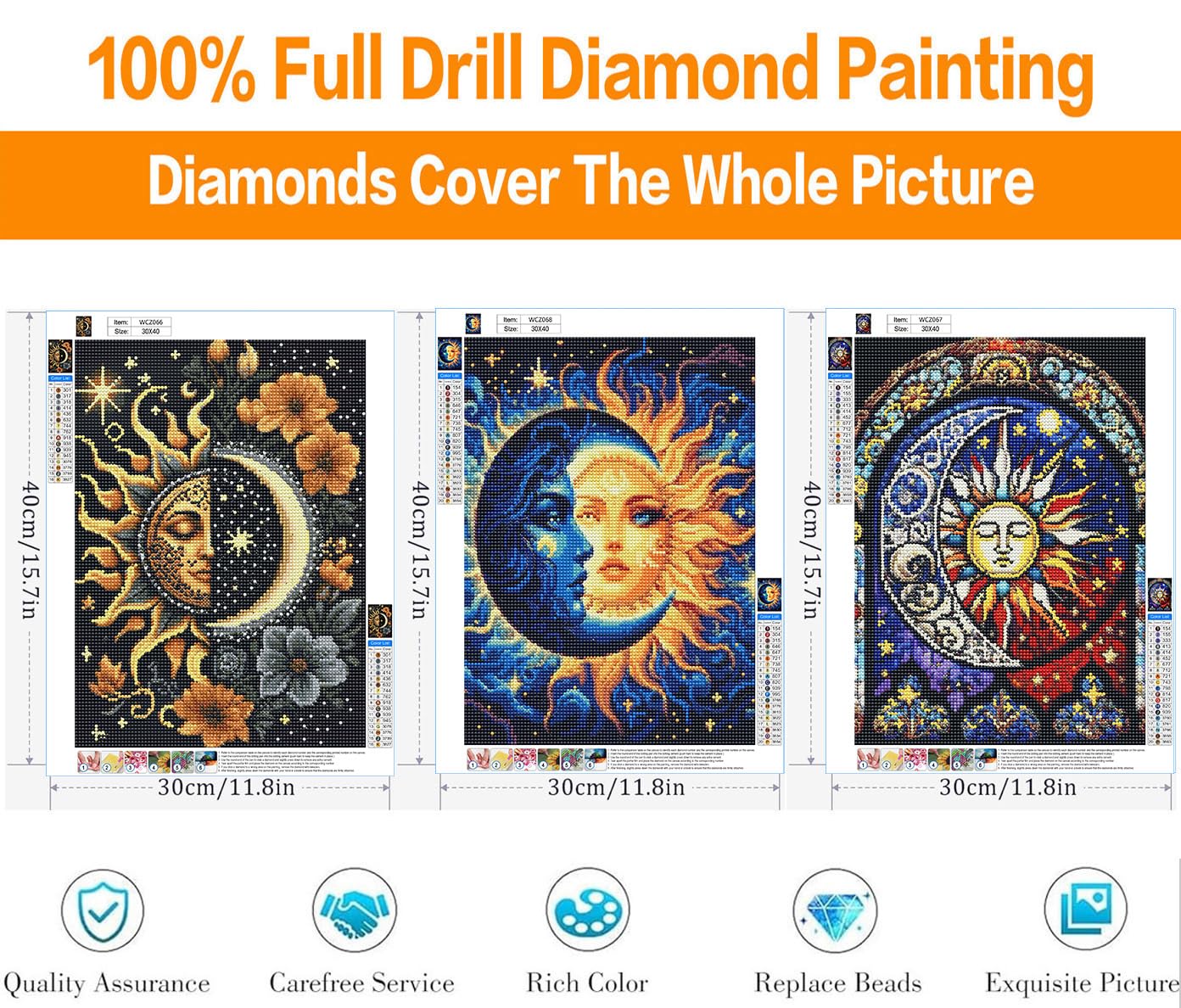 DIPQYART 3 Pack Diamond Art Kits for Adults, Sun and Moon Diamond Painting Kits for Adults, 5D DIY Round Drill Gem Art Paint with Diamonds Dots Crafts Kits for Home Decor Gift 12x16inch