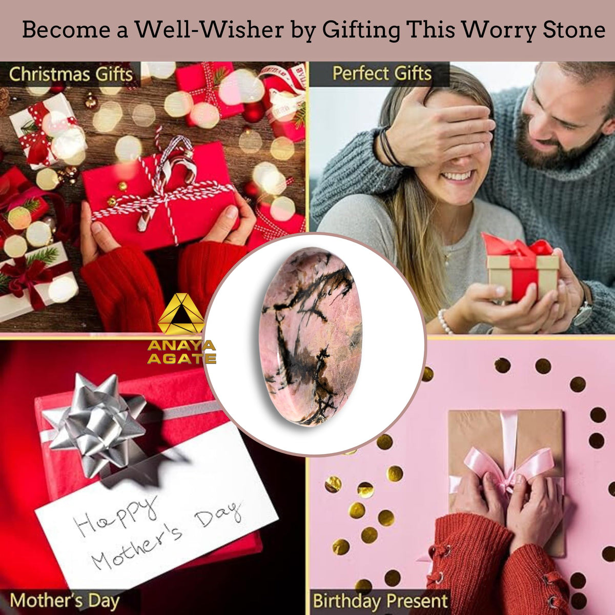 Anaya Agate Rhodonite Worry Stones Certified Crystal Thumb Worry Stone for Anguish, Relaxing and Soothing Balance Stones for Meditation, Stress Relief Crystals and Healing Stones for Men, Women