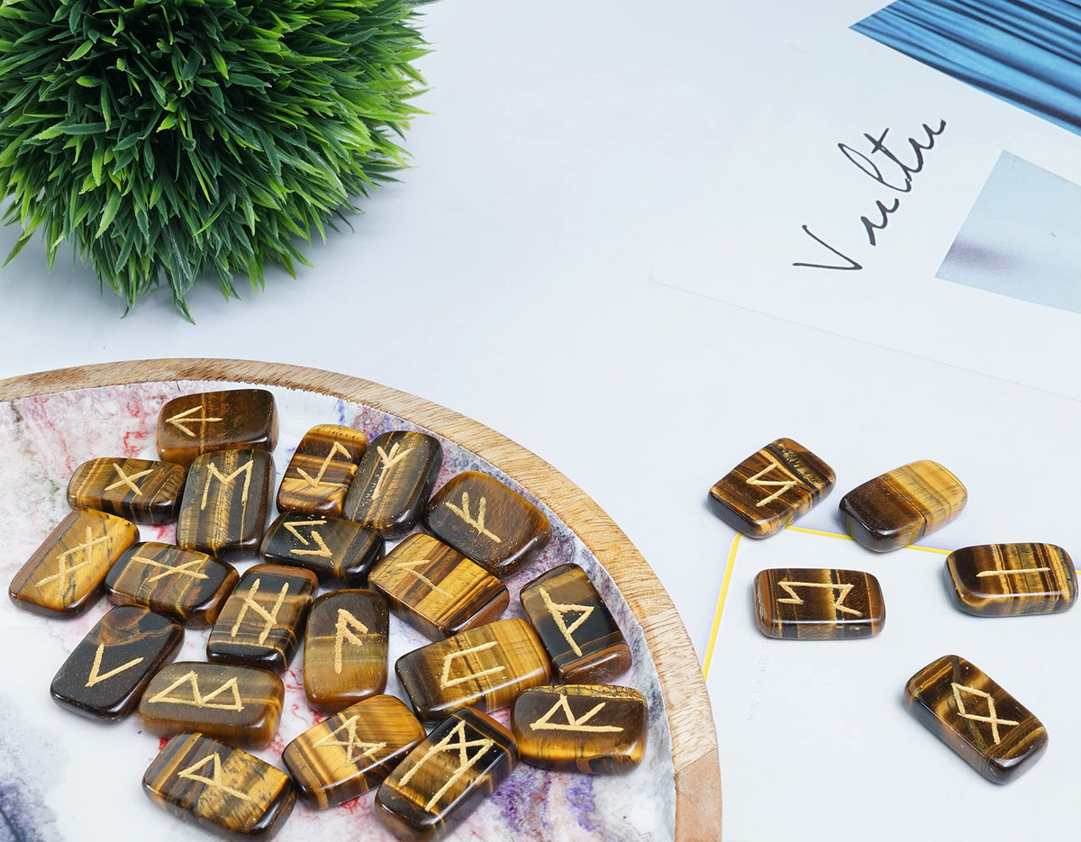Crocon Tiger Eye Rectangle Shape Gemstone Runes with Elder Futhark Alphabet Engraved 25 pcs Rune Set Crystal Divination Metaphysical Healing Chakra Reiki Runes Set with a Pouch Size : 20-25mm