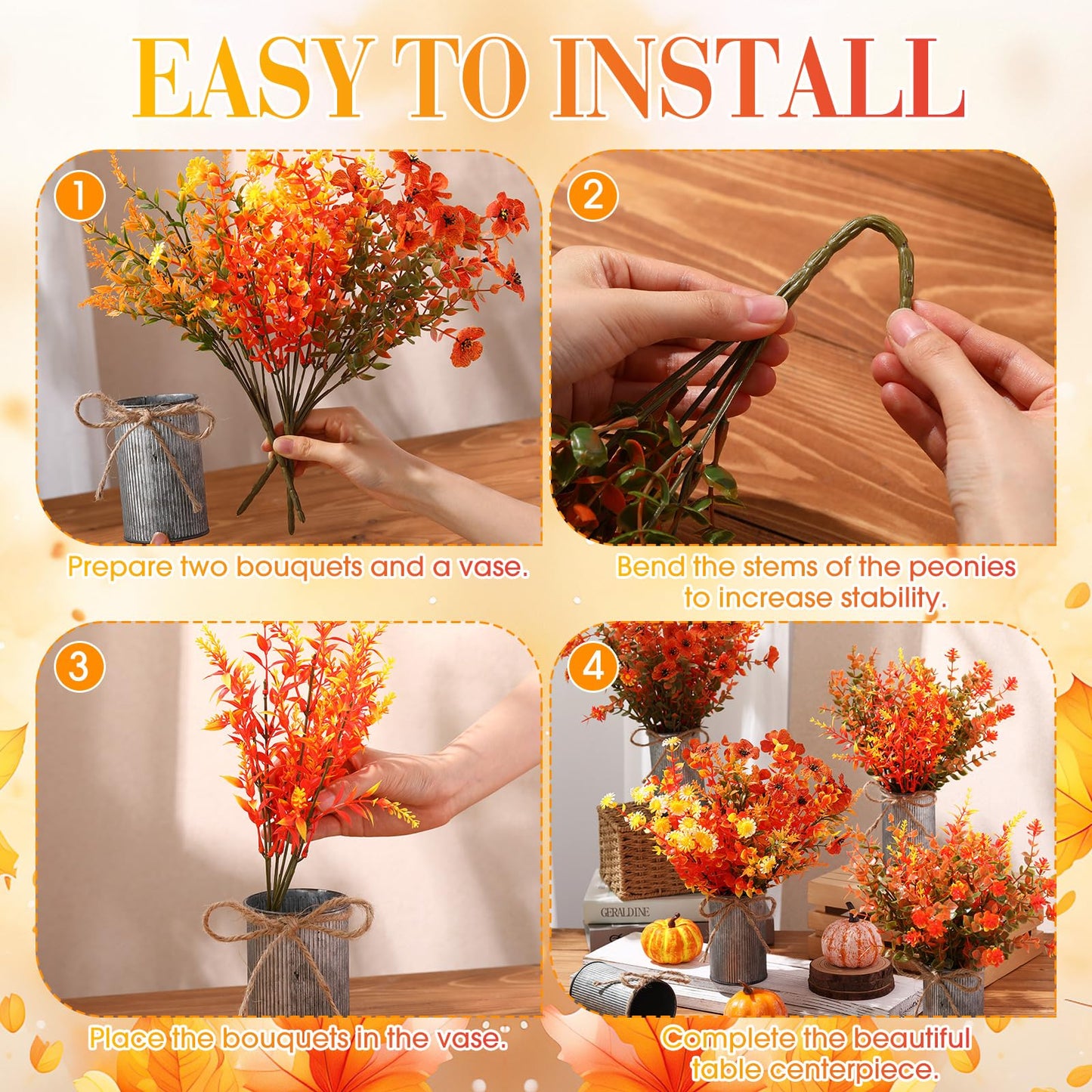 Zeyune 6 Sets Artificial Fall Thanksgiving Centerpiece for Tables Faux Fall Plants with Galvanized Pots Farmhouse Artificial Orange Autumn Flowers Bouquet for Wedding Home Office Rustic Decor