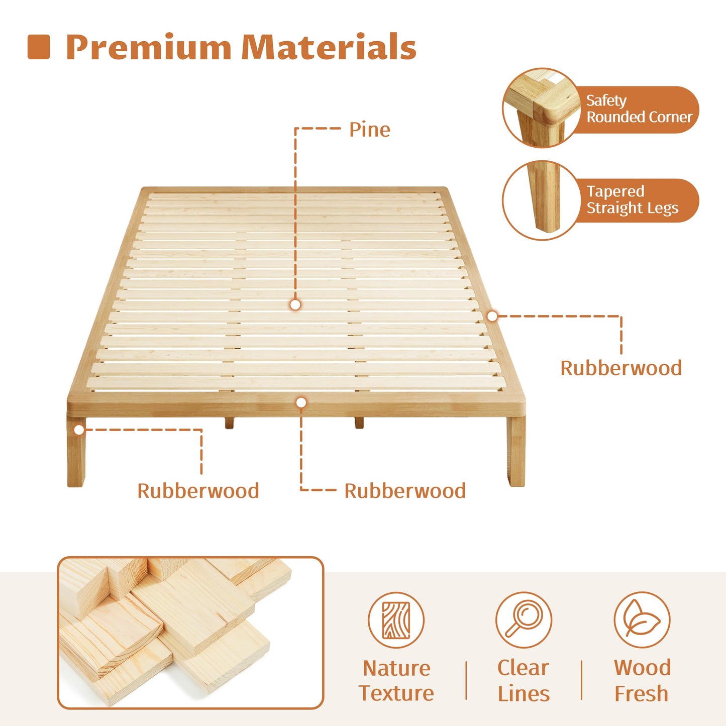 IOTXY Queen Platform Bed Frame - 12 Inch Solid Wood Mattress Foundation Base with Heavy-Duty Support Slats & Legs, Rubberwood Queen-Size Bedframe