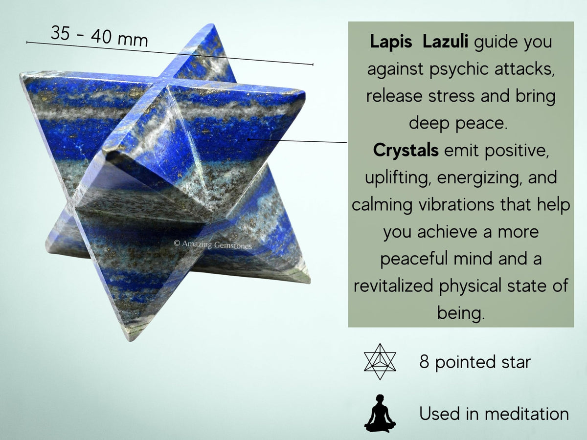 Amazing Gemstone Lapis Lazuli Merkaba Crystal - 1.5 Inches Metaphysical Merkaba Star for Meditation - Energetic Tetrahedron Crystal and Healing Stones for Spiritual Growth and Healing (35-40mm)
