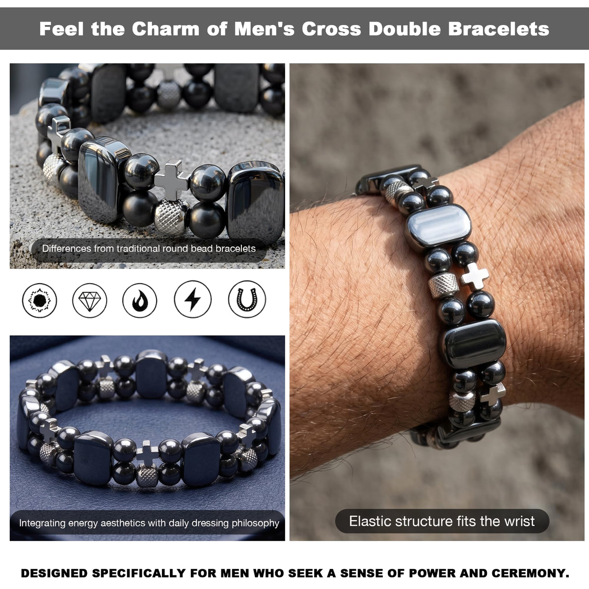Christian Gifts for Men, Jesus Cross Bracelet for Men Handmade Double Elastic Beaded Bracelets Natural Crystal Gemstone Religious Jewelry for Boyfriend Husband Birthday Anniversary (Hematite)