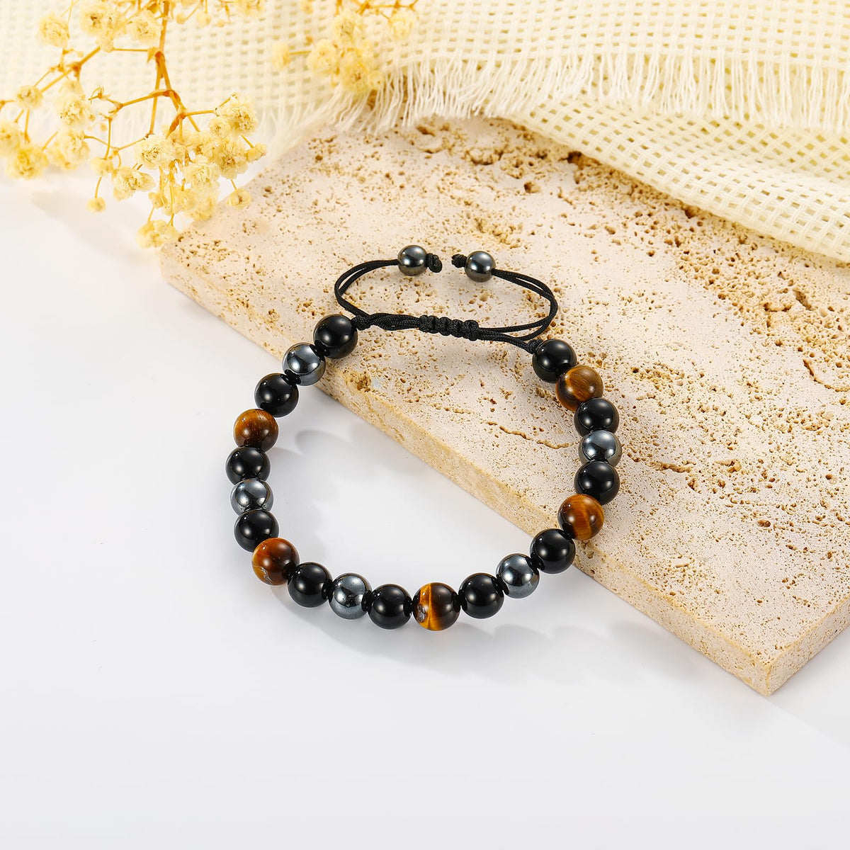 Gnamy Triple Protection Beaded Bracelet Gifts for Men, Adjustable Tiger Eye Black Obsidian Hematite Bracelets Christmas Birthday Valentines Anniversary Healing Sobriety Jewelry Gifts for Husband Dad Boyfriend Brother Him