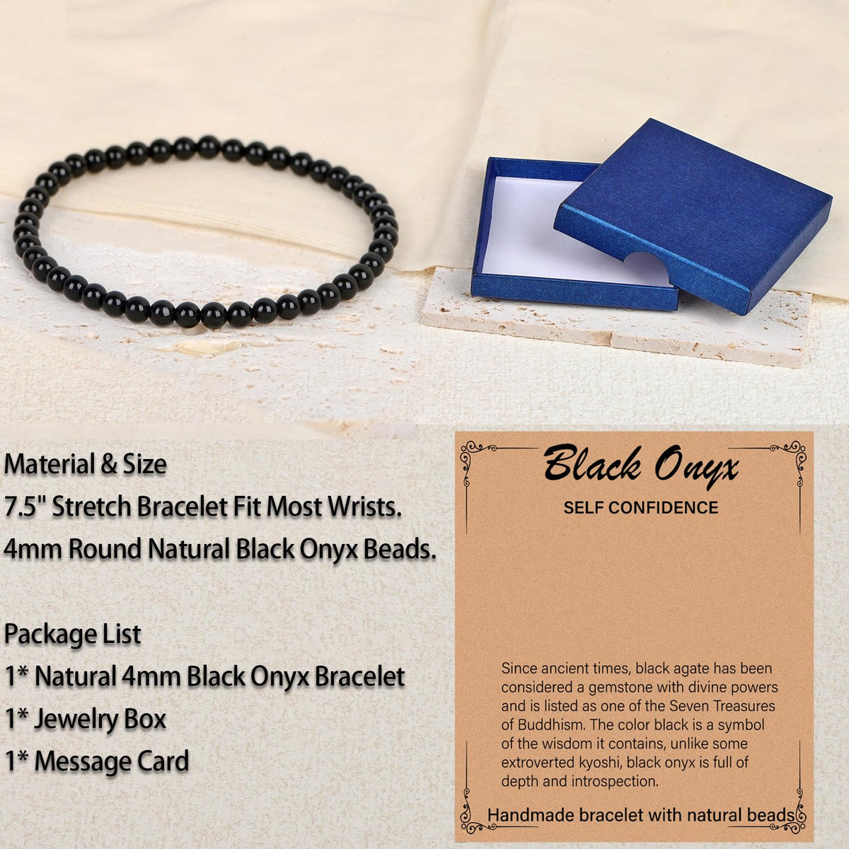 LPBeads Handmade Natural Gemstone Stretch Elastic 4m Black Onyx Bracelet Healing Crystal Round Stone Beads Jewelry Gifts for Women Men