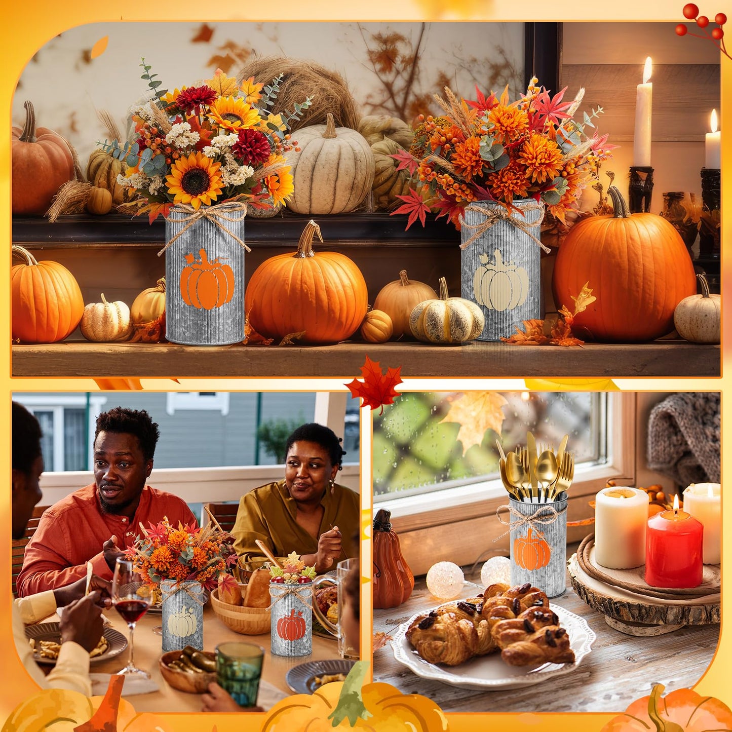 Domensi 6 Pcs Thanksgiving Table Centerpieces Fall Pumpkin Vases Decor Farmhouse Galvanized Metal Vases for Flowers Mason Jar Utensil Holder for Thanksgiving Fall Autumn Rustic Home Office Decorations