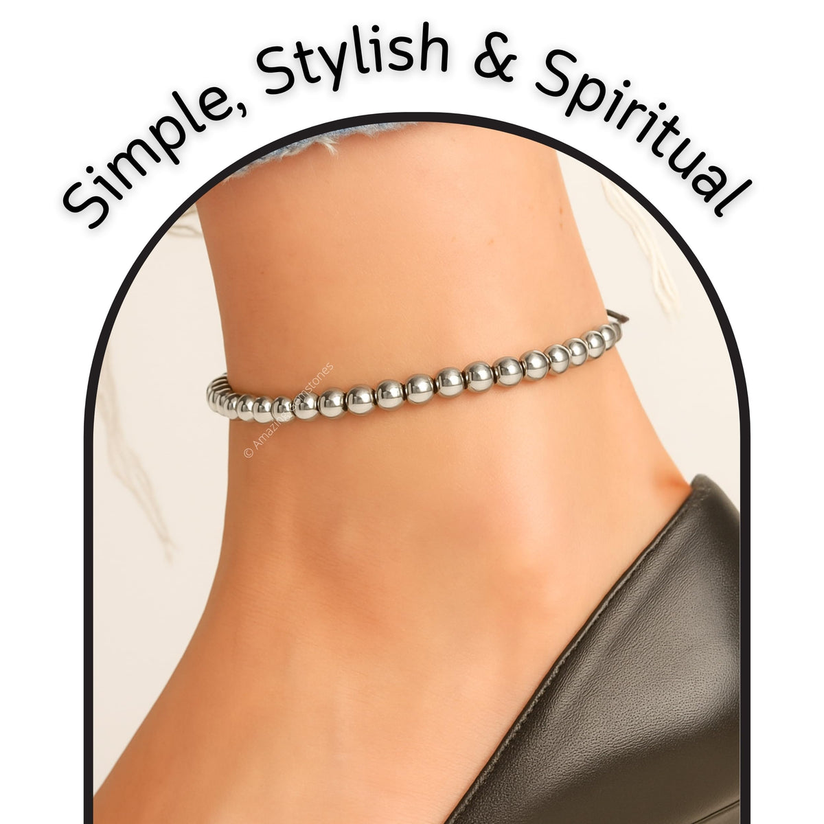 Amazing Gemstone Silver Hematite Anklet Ankle Bracelets for Women - Waterproof Beaded Healing Crystal Anklets, Plus Size Chakra Gemstone Bead Anklet (Stretchy Adjustable - Plain)