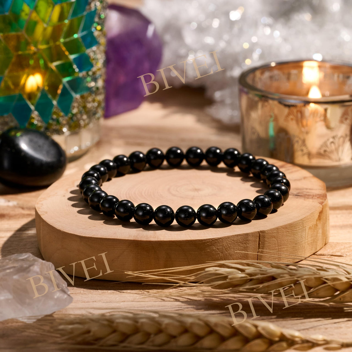 Bivei Black Tourmaline - Protection & Grounding - 6mm Beaded Bracelets for Women Handmade Semi Precious Natural Stone Stretch Elastic Jewelry for Women Yoga Protection Gifts Small