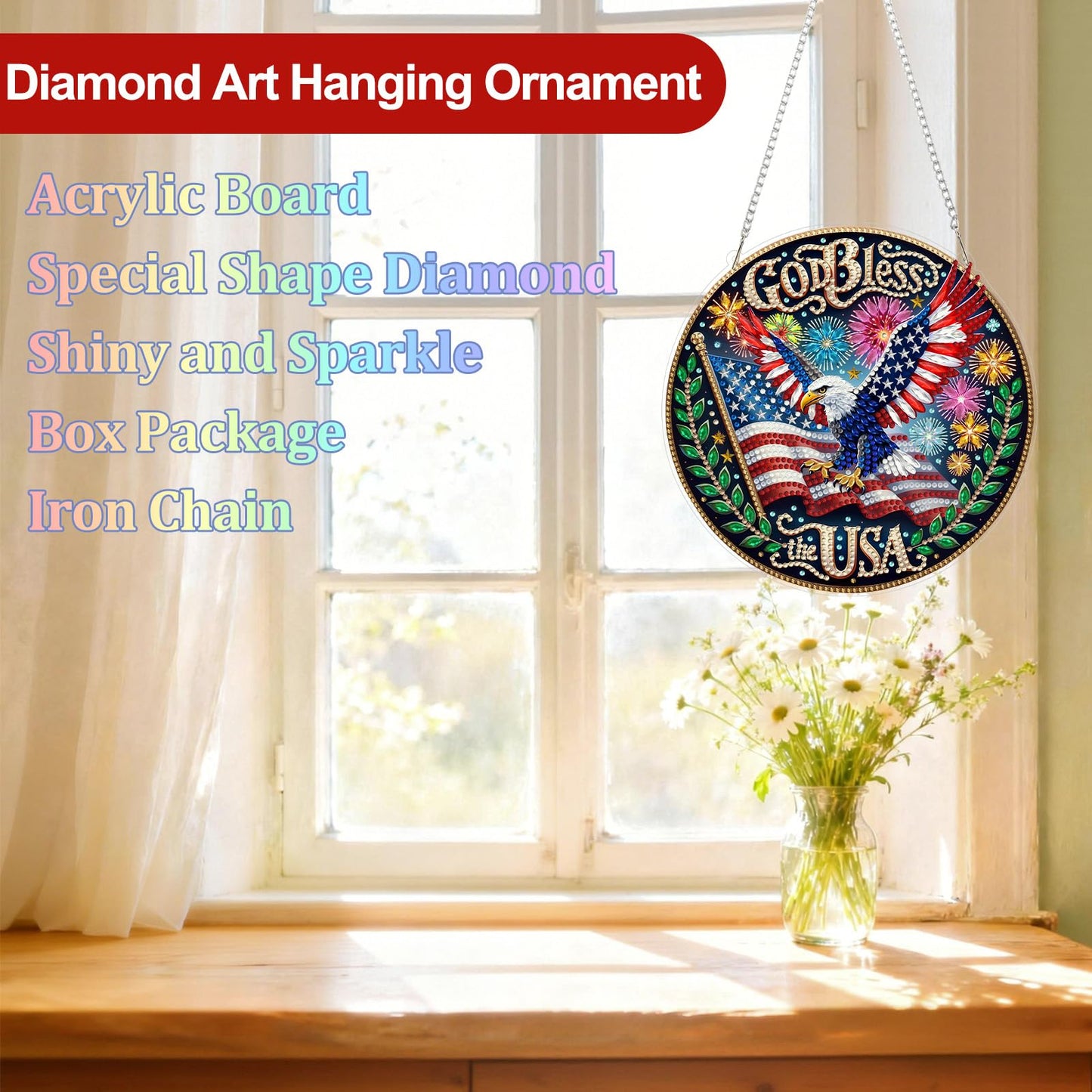 CEOVR Bald Eagle Hanging Diamond Art for Adults, Independence Day Diamond Painting Pendant American Flag DIY Gem Art Wall Ornament, Acrylic Home Garden Decor with Chain, Box Kit 7.79×7.77inch