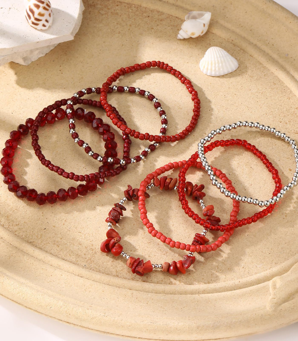 Noessla Boho Beaded Bracelets for Women Stackable Irregular Natural Stone Bead Stretch Bracelet Set 8PCS Costume Jewelry Gifts for Her(Red)