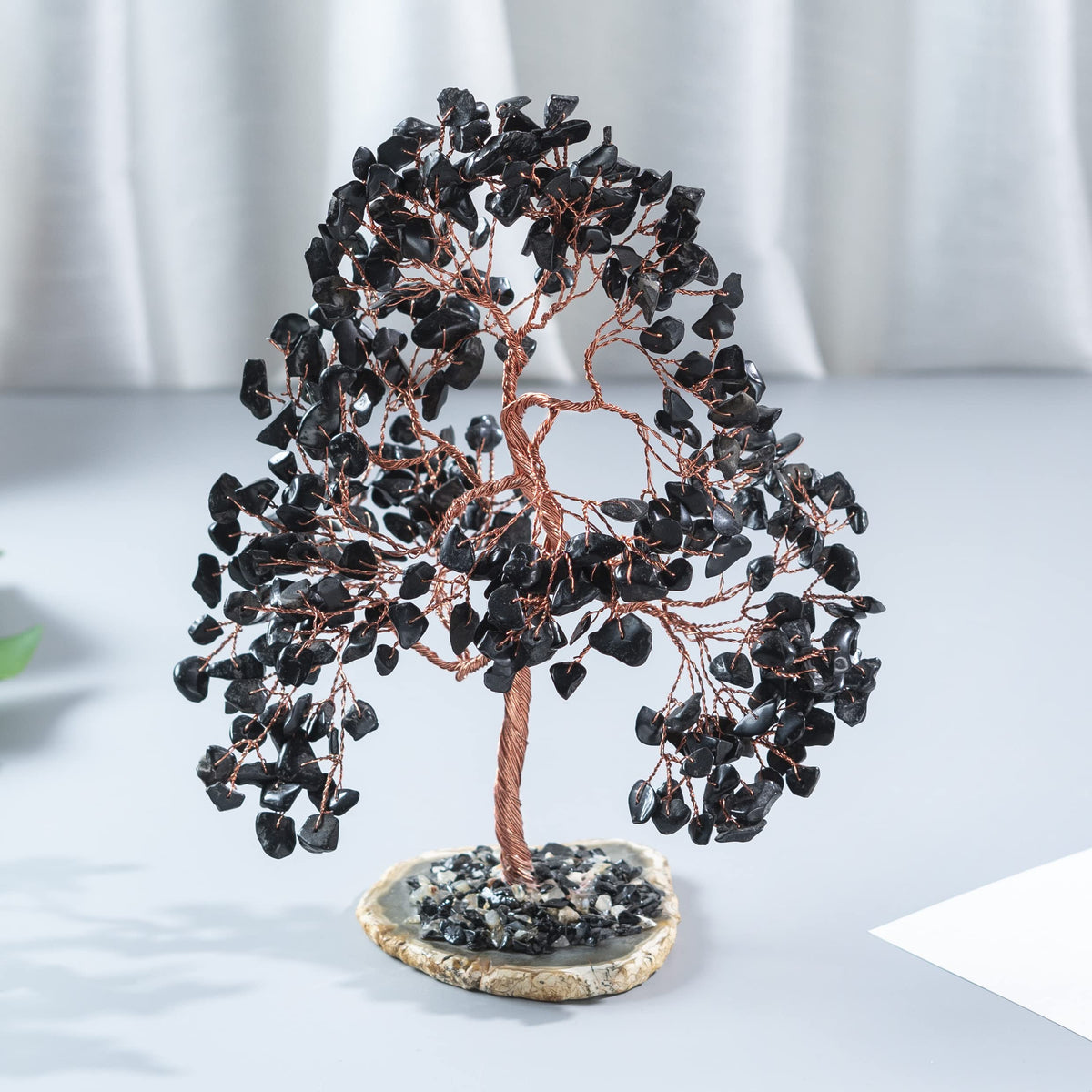 Crocon® Black Tourmaline Gemstone Tree Geode Agate Slice Base, Handmade Crystal Tree for Positive Energy, Attract Good Luck, Chakra Tree of Life, Black Healing Stone for Root Chakra, Meditation Gift