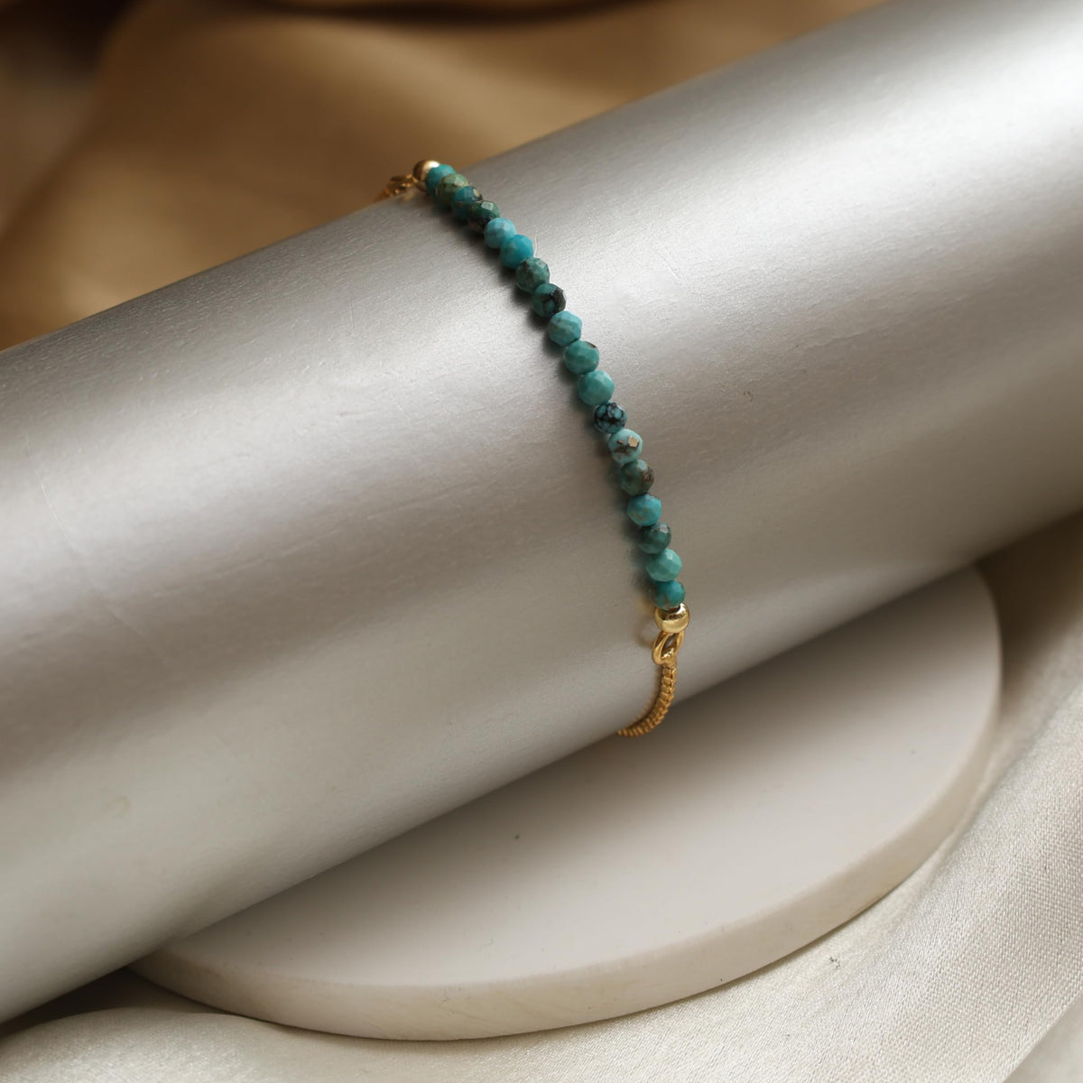 Gempires Turquoise Beaded Bracelet, Birthstone Bracelet, December Birthstone Jewelry, Bolo Beads Bracelet, 14k Gold Plated Chain (6-9 inch Adjustable Length)