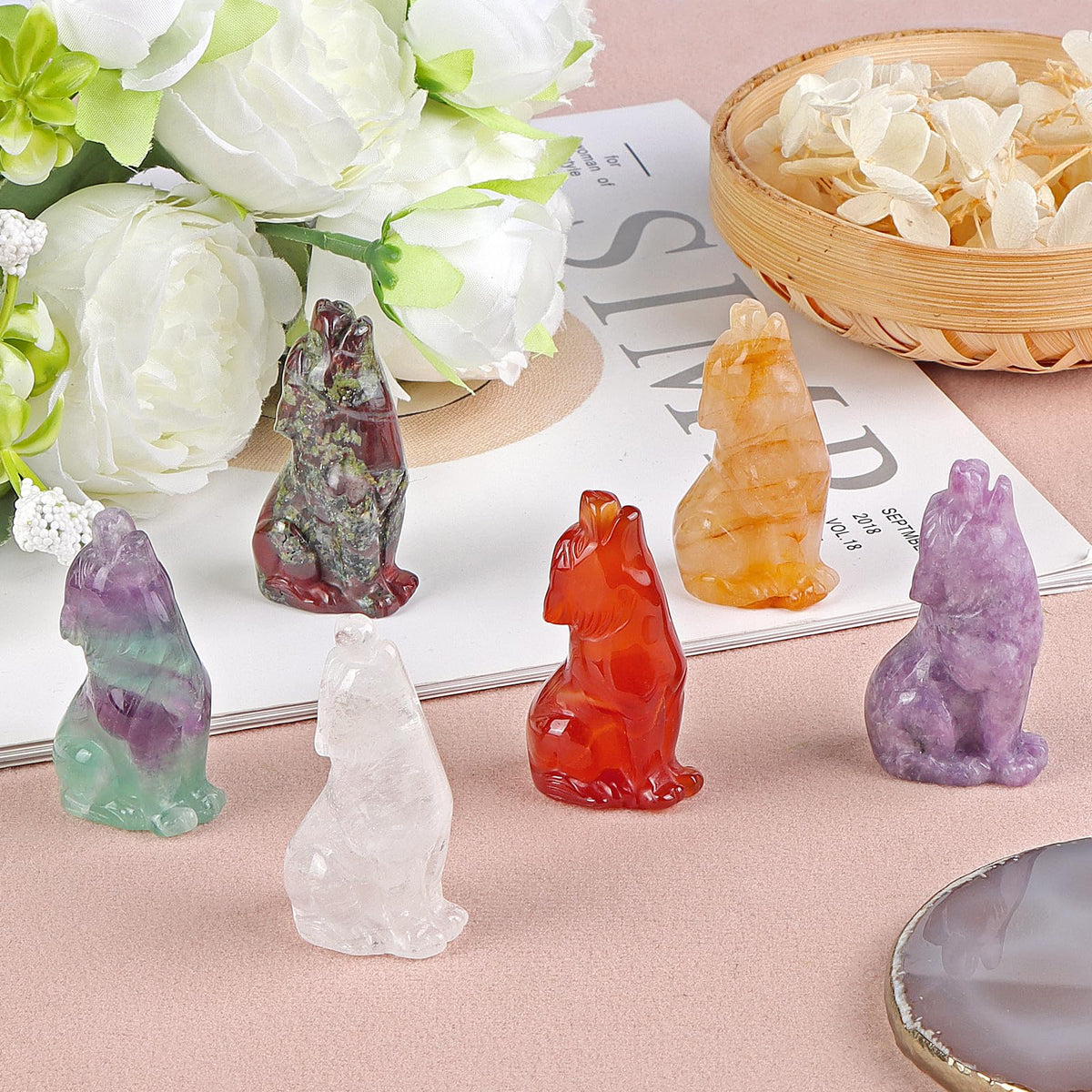 Artistone Dragon Bloodstone Wolf Statue 2" Howling Wolves Figurine Ornament for Home Decor Healing Crystal Animal Sculpture with Gift Box