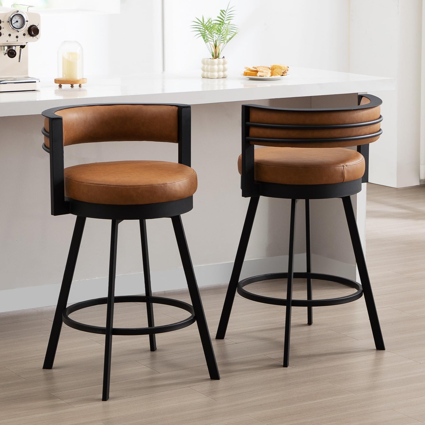 ONEVOG Swivel Counter Bar Stools Set of 2, 26.6 inch Seat Height Modern Barstools with Back and Metal Legs, Upholstered Funky Kitchen Island Chairs for 36"-40" Counters, Faux Leather Padded, Brown