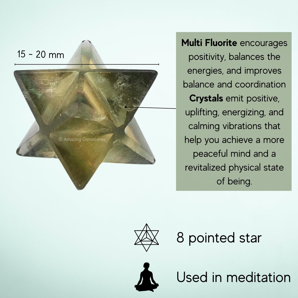 Amazing Gemstone Fluorite Merkaba Crystal - 0.75 Inches Metaphysical Merkaba Star for Meditation - Energetic Tetrahedron Crystal and Healing Stones for Spiritual Growth and Healing (15-20mm)