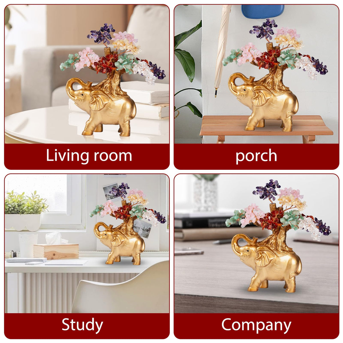 GEMBOURY 7 Chakra Crystal Money Tree on Gold Mini Elephant Statue, 10”Gemstone Bonsai Tree of Life Home Décor Gifts for Wealth Positive Energy, Feng Shui Décor