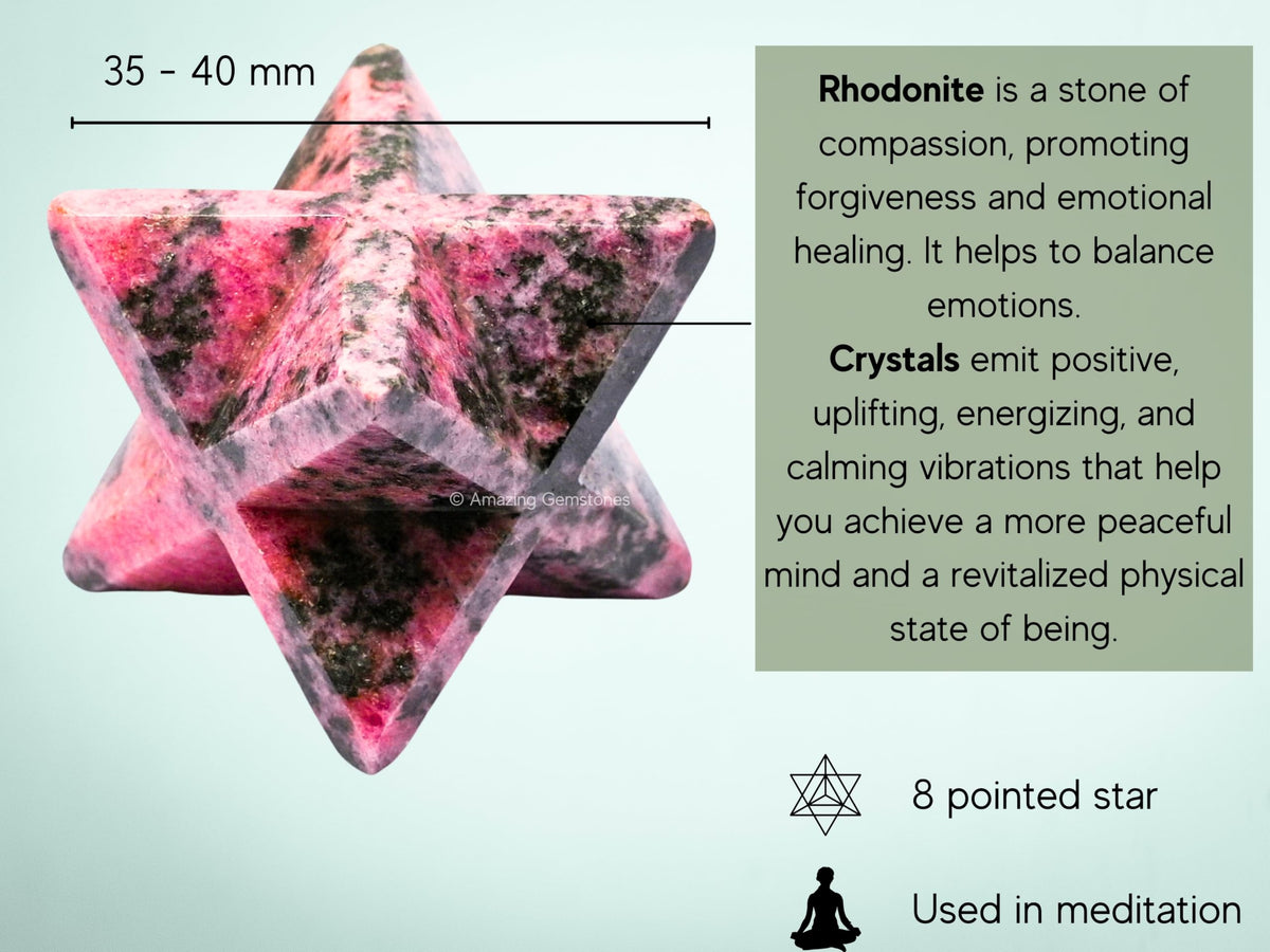 Amazing Gemstone Rhodonite Merkaba Crystal - 1.5 Inches Metaphysical Merkaba Star for Meditation - Energetic Tetrahedron Crystal and Healing Stones for Spiritual Growth and Healing (35-40mm)