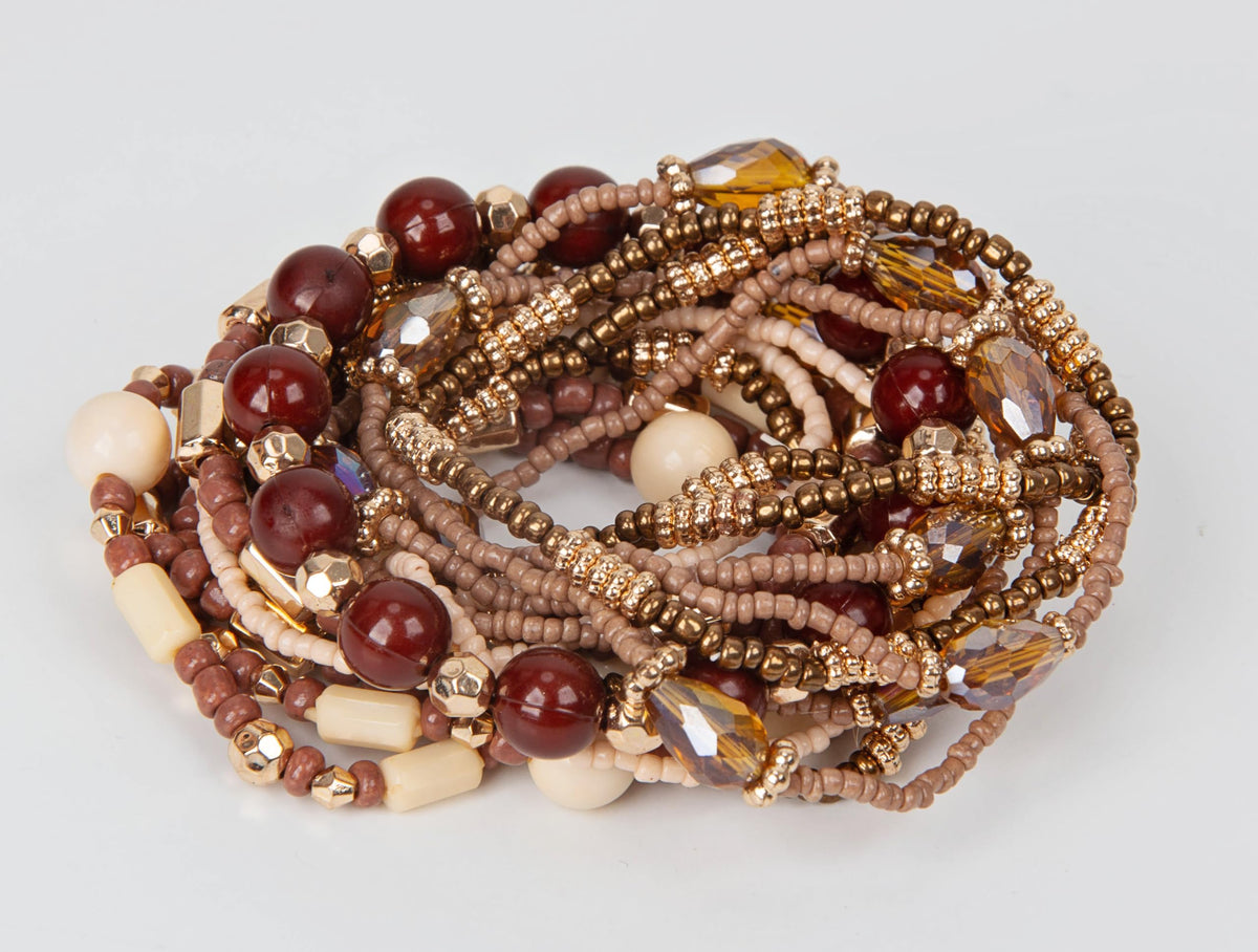 SPUNKYsoul "Naomi Stretch Bracelet Stack | 16 Individual Beaded Stretch Bracelets | Neutral Earth Tone Boho Layered Jewelry Set (Brown & Gold)