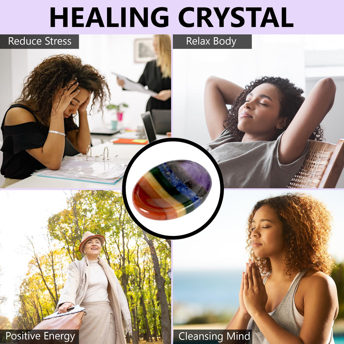 Anaya Agate Seven Chakra Worry Stones Certified Crystal Thumb Worry Stone for Anguish, Relaxing and Soothing Balance Stones for Meditation, Stress Relief Crystals and Healing Stones for Men, Women