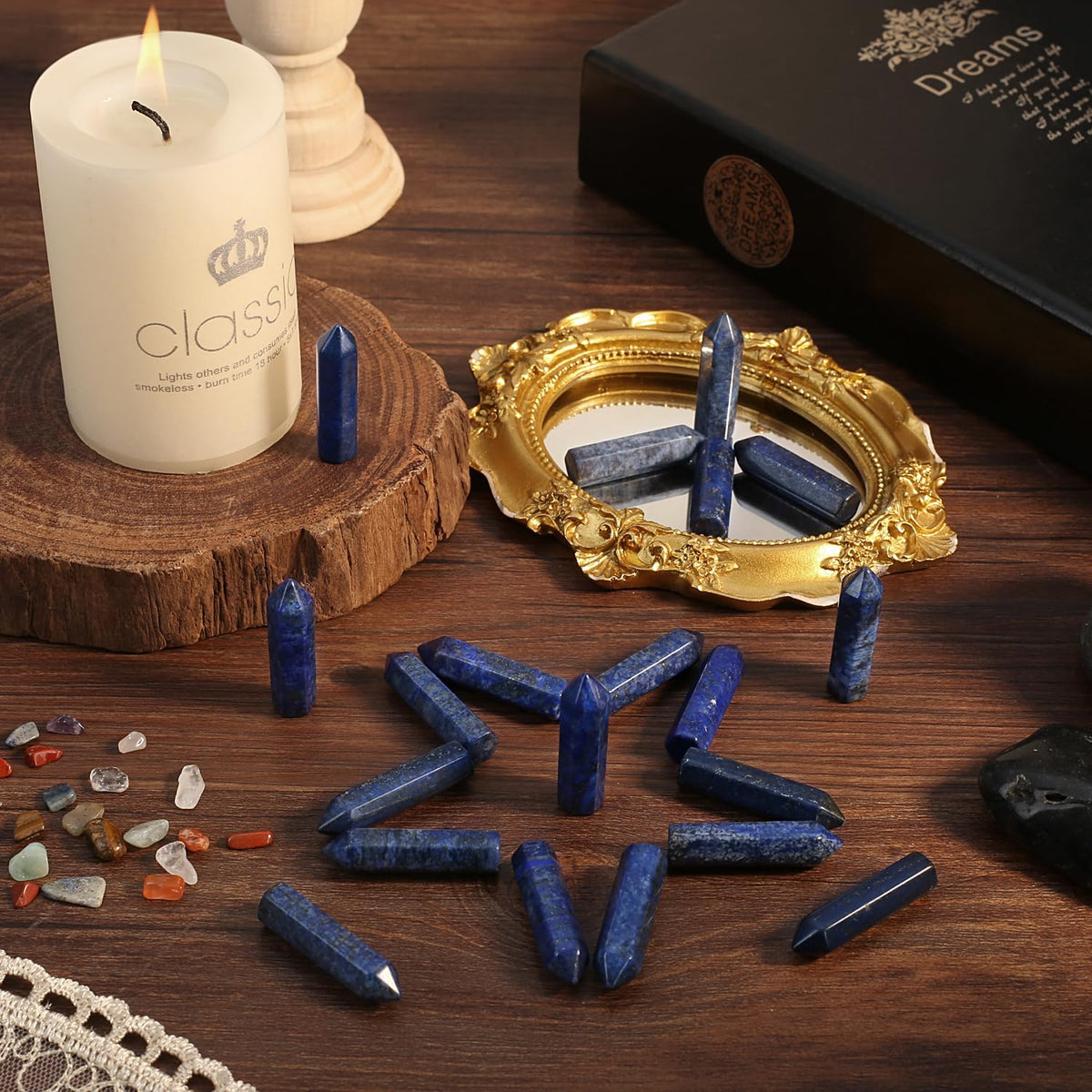 QINJIEJIE Lapis Lazuli 20 PCS Healing Crystals Stones Sets Wands Bulk Natural Pocket Crystal Towers Assorted Pointed Reiki Gemstones Polished Energy Meditation Chakra Gifts for Women Men