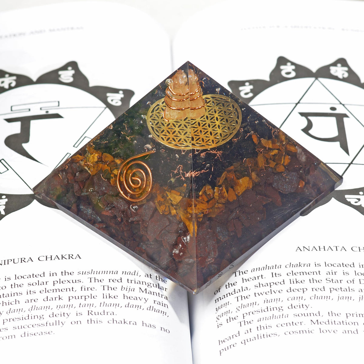 Orgonite Crystal Triple Protection Orgone Pyramid with Black Tourmaline, Tiger Eye and Hematite Crystal – Flower of Life Pyramid for Spiritual Healing, Meditation, Yoga, Reiki Gift, Office, Home Décor