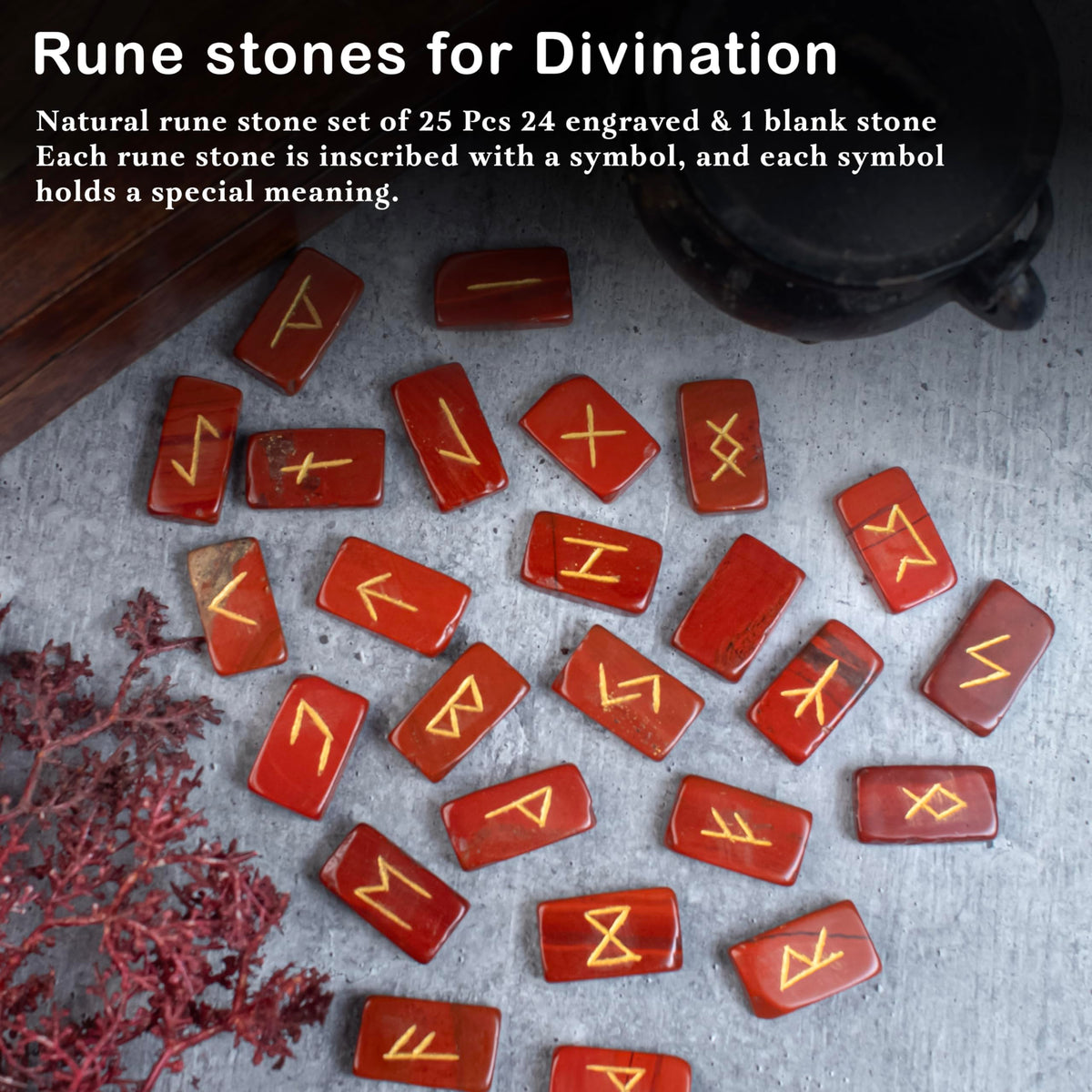 Crocon Red Jasper Rectangle Shape Gemstone Runes with Elder Futhark Alphabet Engraved 25 pcs Rune Set Crystal Divination Metaphysical Healing Balancing Chakra Reiki Runes with a Pouch| Size : 20-25mm