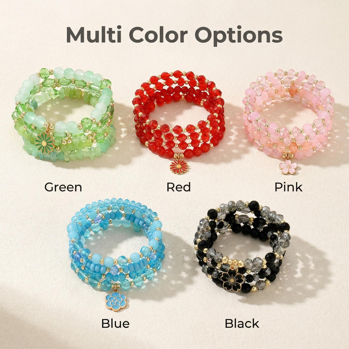 LOTSOF Boho Flower Beaded Bracelet Set for Women - Multilayer Crystal & Flower Charm Stackable Bracelets, Fashion Jewelry Gift for Her (Green)