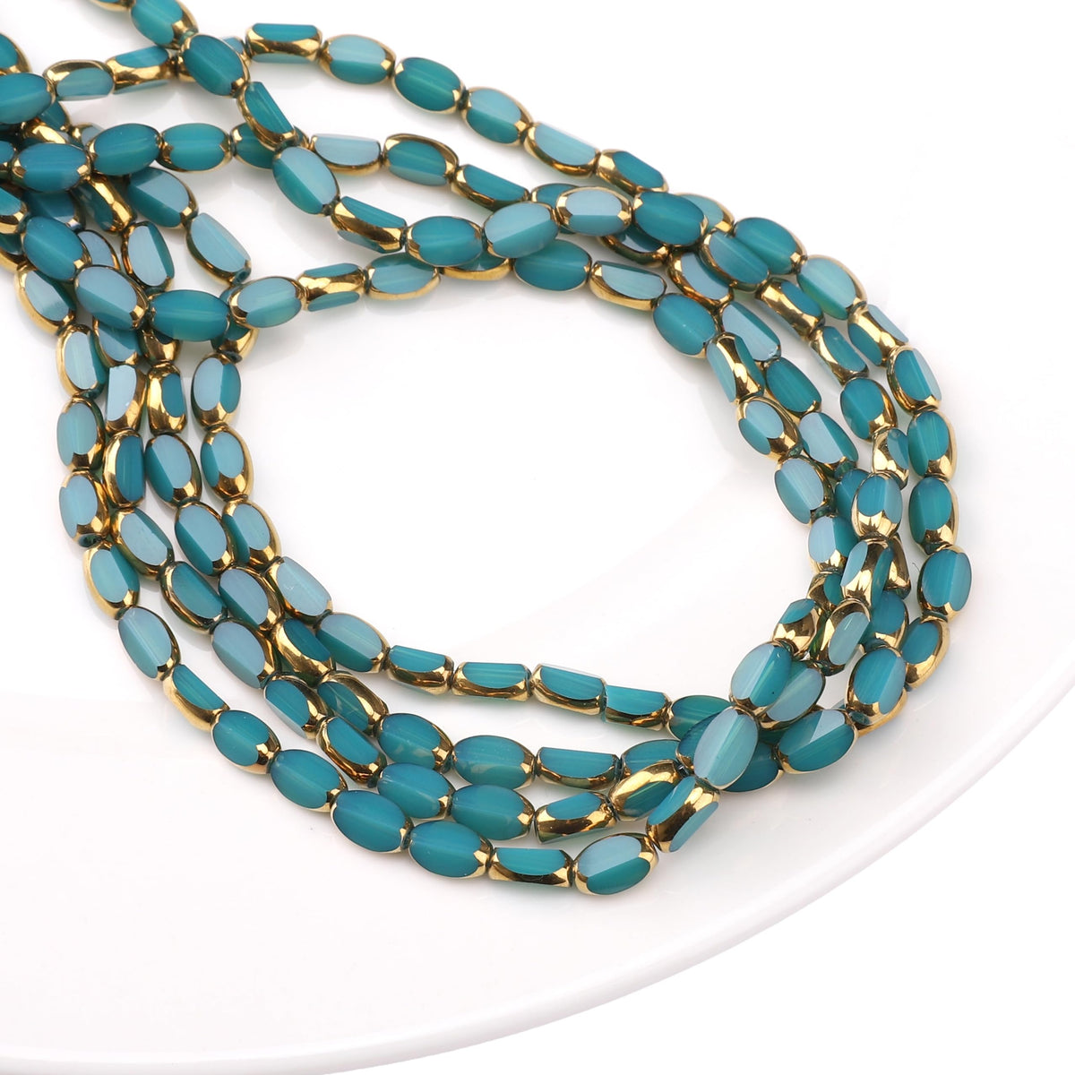 DADIFEN Glass Rice Beads Peacock Blue 4x6mm 50pcs Faceted Oval Golden Edge Crystal Loose Beads for DIY Craft Jewelry Making