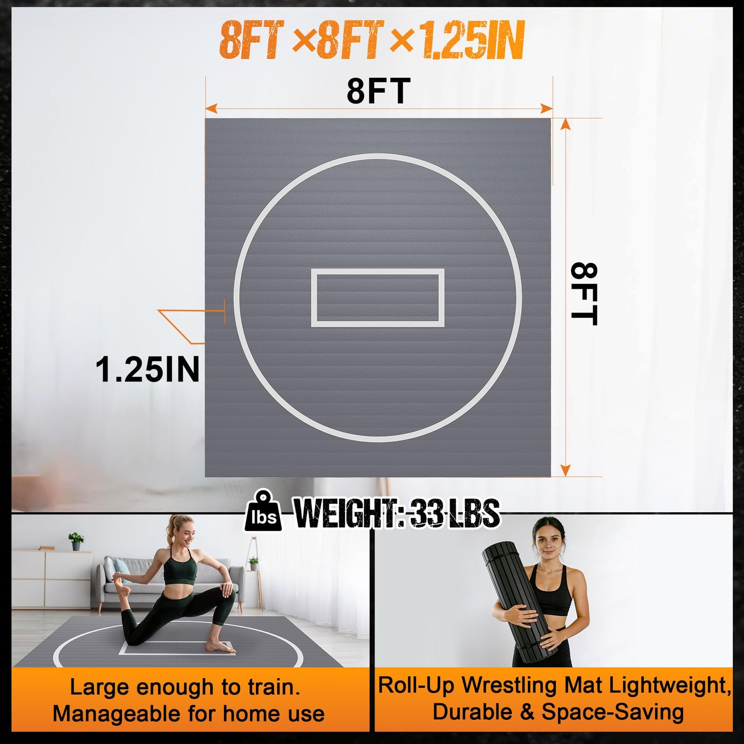 GianToucan Wrestling Mat for Home, ８’x ８’x 1.25” Grappling Mat for Wrestling, MMA, BJJ, Jiu Jitsu, Judo, Gym, Roll-Up Wrestling Practice Mat for Kids & Adults，Easy to Clean Indoor/Outdoor, Gray