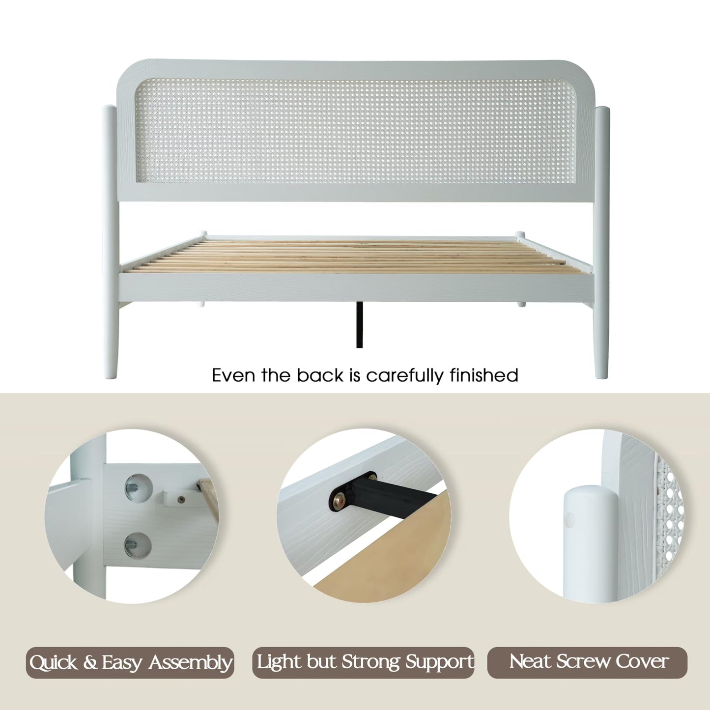 King Size Frame Solid Wood Platform Bed, Headboard & Footboard, 12 Durable Slatted Base, Metal Legs, No Box Spring Needed, Anti-Slip & Noise-Free, Easy Assembly, Pure White Finish JMK-39