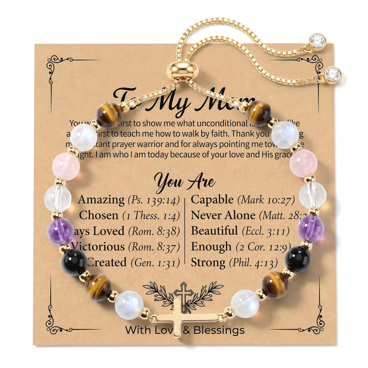 Aghfacy Christian Gifts for Mom Cross Bracelet Natural Gemstone Crystal Bracelet Gold Cross Charm Birthday Gifts for Mom Religious Gift Adjustable with Message Card