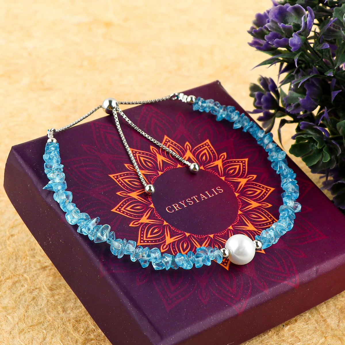 CRYSTALIS Natural Swiss-Blue-Topaz Beads Slider Bolo Bracelet with Elegant Pearl, Uncut Chips Nuggets Crystals, Chakra Healing Gemstone, Women Jewelry, 925 Sterling Silver Slider 10 inch