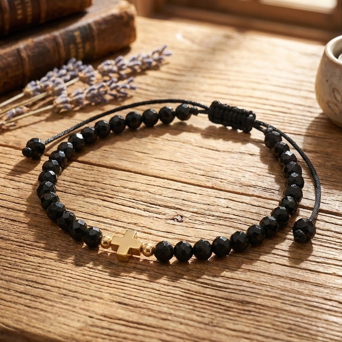 Opalencian Black Crystal Beads Drawstring Bracelet for Women,Gold Plated Cross Bracelets Charm Beads Good Luck Handmade Fashion Jewelry Gifts