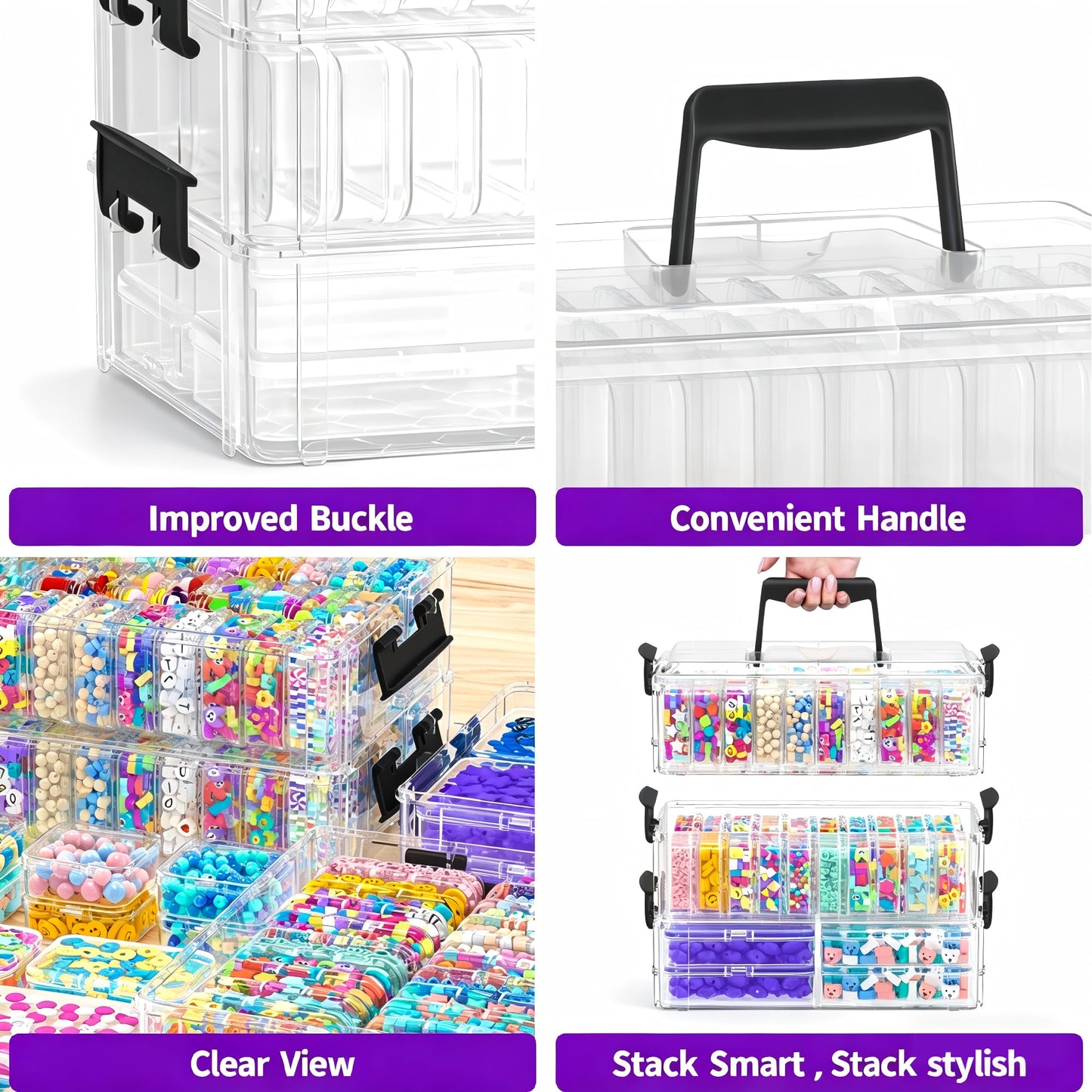 VANSUNS Bead Organizer Box 58 Pcs, 3-Tier Stackable Storage Box, and 3 Different Container Sizes Small Plastic Containers with Lids, Portability, Clear Organizers for Jewelry DIY Craft Storage