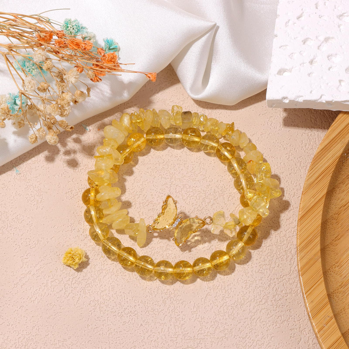 GolbalJew Citrine Bracelet for Women Healing Crystal Stone Bracelets Yellow Gemstone Beads Stretch Bracelet Butterfly Charms Women Jewelry Gift