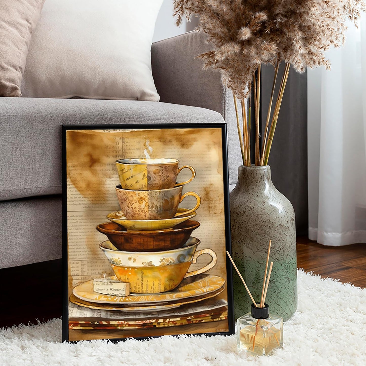 EATUKYIC Coffee Stacked Cups Diamond Art Painting Full Round Drill Embroidery Kit Cross Stitch Diamond Dots Kit Paint of Rhinestones for Set Wall Decor 12x16Inch