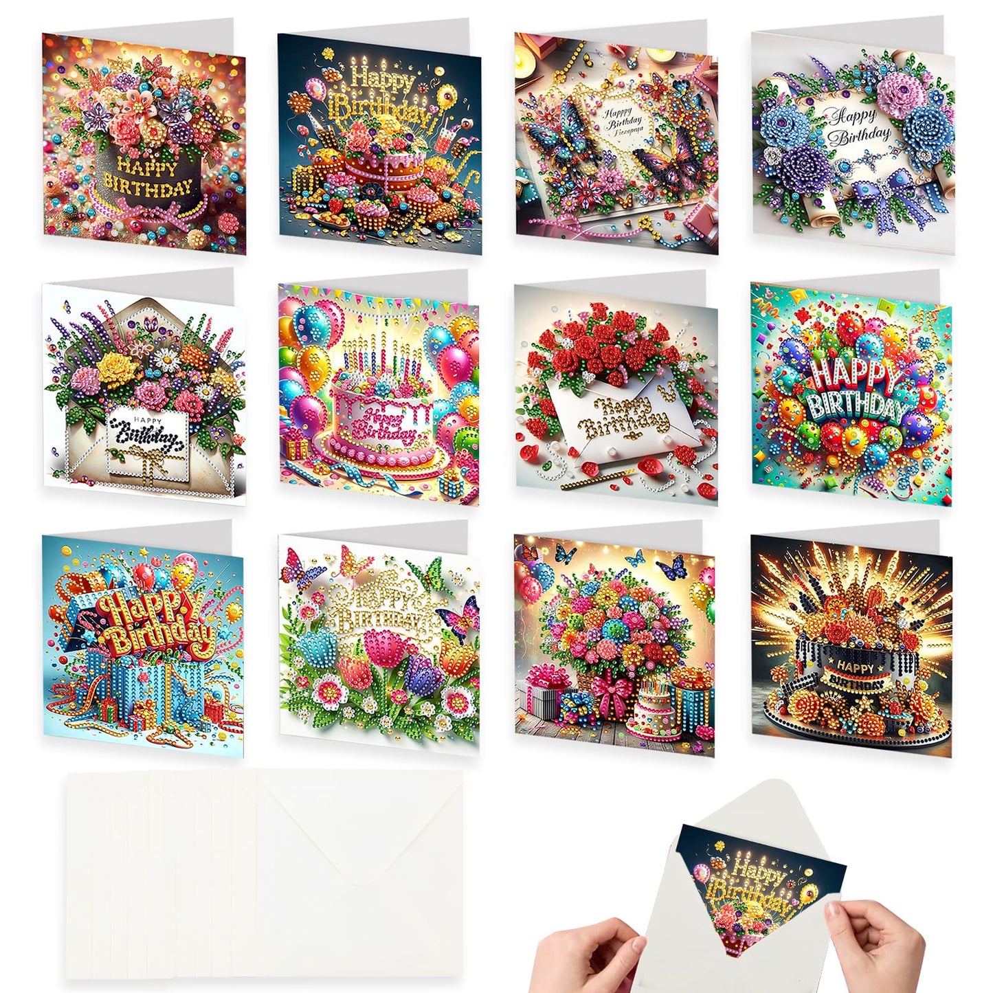 KJMYYXGS 12 Pcs Birthday Diamond Painting Art Greeting Cards Cake Rose Square Drill Greeting Cards Diamond Painting Kits for Adults DIY (Birthday)